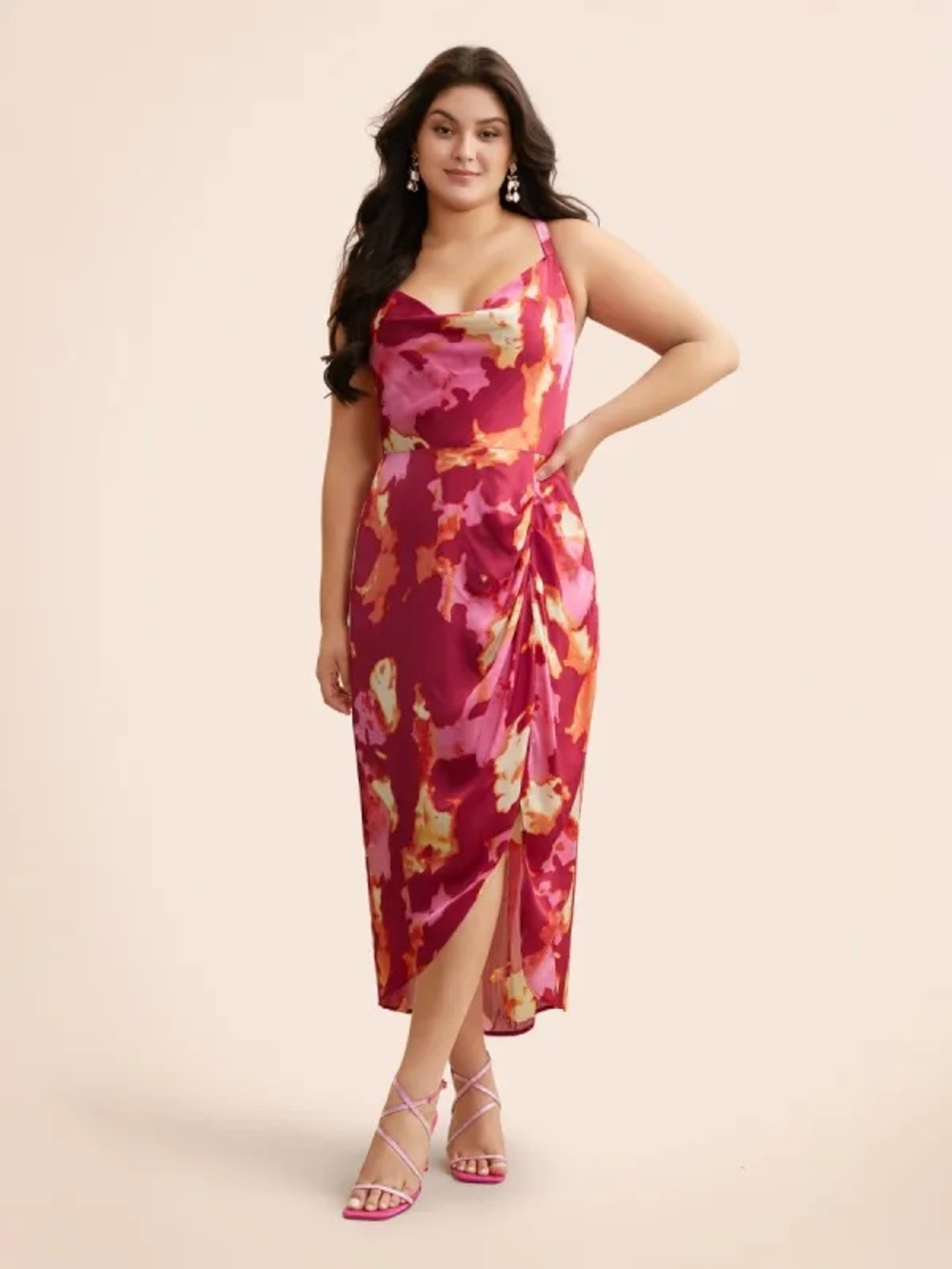 BloomChic Fuchsia Satin Cowl Midi Dress